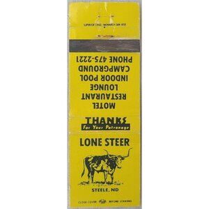 Matchbook Cover Lone Steer Motel Restaurant Lounge Steele ND North Dakota